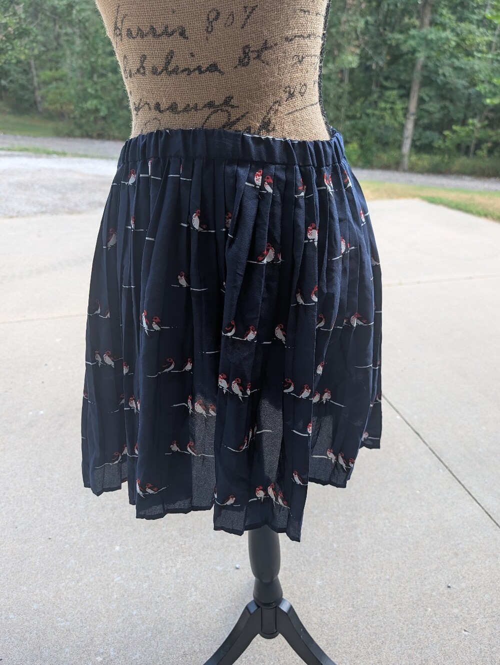 Forever 21 Navy Pleated Skirt with Bird Print